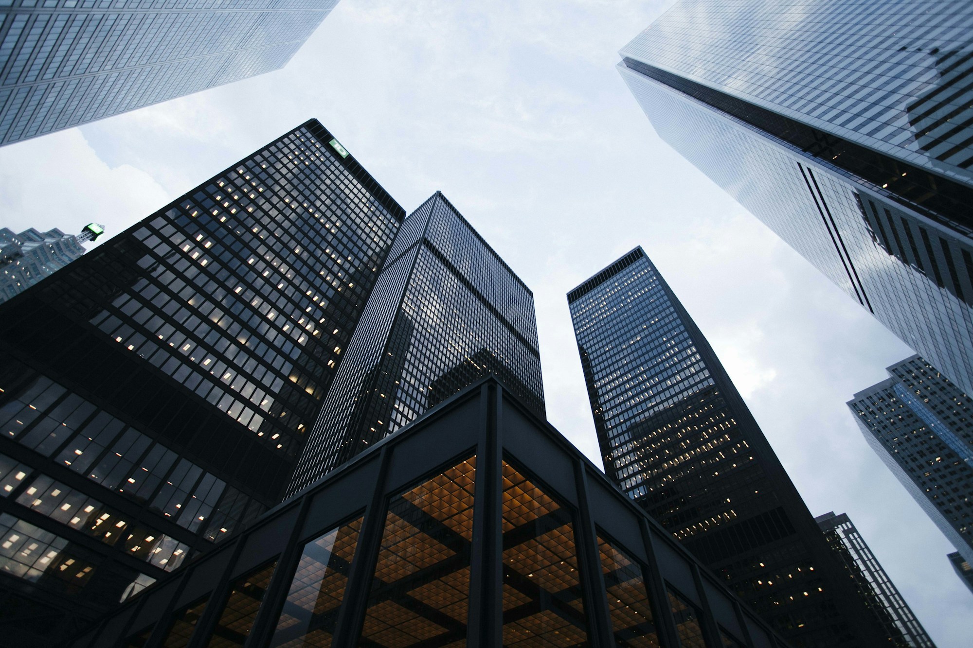 Modern office buildings viewed from below in natural daylight